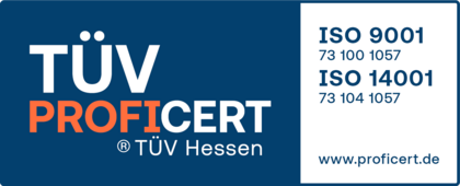 TÜV PROFI CERT ISO 9001 - 73 100 6414 | ISO 14001 - 73 104 1057